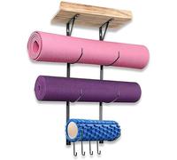Soporte para esterilla de yoga, soporte de pared, accesorios de gimnasio en casa, almacenamiento para rodillo de espuma, con estantes flotantes de madera y 5 ganchos para colgar correa de yoga y