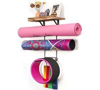 Soporte para esterilla de yoga, soporte de pared, accesorios de gimnasio en casa con estantes flotantes de madera y 4 ganchos para colgar rodillo de espuma y bandas de resistencia en clase de fitness