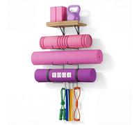 Soporte para esterilla de yoga, soporte de pared, accesorios de gimnasio en casa con estantes flotantes de madera y 4 ganchos para colgar rodillo de espuma y bandas de resistencia en clase de fitness