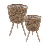 Soporte para flores de paja interior con lámina, 2 unidades, diámetro de 26 y 20 cm, soporte para plantas de ratán con 3 patas de madera, maceta decorativa con patas para plantas de interior