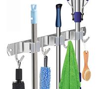 Soporte para fregona de escoba, Organizador de almacenamiento montado Acero Inoxidable Colgador de Fregonas 3 Posiciones y 4 Ganchos Ganchos para Hogar Cocina Garajes