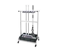 Soporte para fregona para escoba, soporte para fregona, carrito de limpieza móvil, con 12 ganchos plegables y 4 ruedas giratorias, carro de herramientas de limpieza, para jardines, casas, garajes