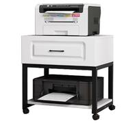 Soporte para impresora móvil, carrito compacto de 2 niveles con estante de almacenamiento y cajón, estante de impresora resistente para reproductor multimedia y escáner