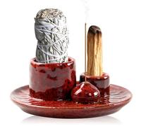 Soporte para incienso de cerámica: PRITOK 4 en 1, cuenco para incienso, soporte para conos de incienso, bandeja para meditación, soporte para palo santo para cada incienso, varillas de incienso (rojo)