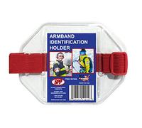 Soporte para insignias de brazalete, banda elástica roja, hebilla roja, se adapta a tarjetas de 2 3/4 x 4 1/8 pulgadas, ranura superior, fabricado en Estados Unidos