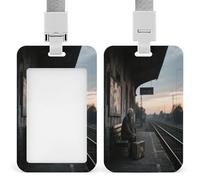 Soporte para insignias, plataforma de estación de tren antigua al atardecer, soporte vertical para tarjetas de identificación de oficina, escuela, tarjeta de identificación, tarjeta de proximidad