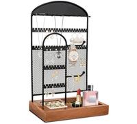 Soporte para Joyas con red para pendientes y soporte para anillos de terciopelo, Expositor de Joyas Marco de Metal con estructura metálica y bandeja de madera, soporte para pulseras y collar, negro