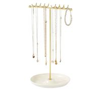 Soporte para joyas, soporte para cadenas con base de cerámica, soporte para joyas, organizador de joyas doradas, con 16 ganchos para collares, pulseras, pendientes, anillos, pulseras (blanco)