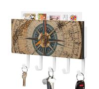 Soporte para llaves con brújula y mapa del Viejo Mundo, organizador de correo para colgar en la pared, adhesivo para llaves con 5 ganchos, sin taladros, para colgar llaves de casa, ganchos decorativ