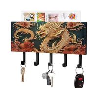 Soporte para llaves con diseño de dragón chino para pared, colgador adhesivo con 5 ganchos, organizador de almacenamiento de llaves de cuero PU para montaje en pared, gancho para toallas para entrada