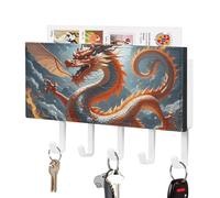 Soporte para llaves con forma de dragón chino de fuego para colgar en la pared con adhesivo y 5 ganchos. Organizador de llaves de cuero sintético para montaje en pared. Gancho para toallas. Ideal par