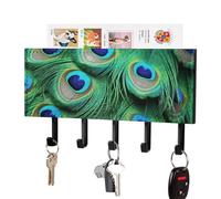 Soporte para llaves con forma de pluma de pavo real verde para colgar en la pared con adhesivo y 5 ganchos. Organizador de llaves de cuero sintético para montaje en pared. Gancho para toallas para en