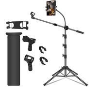 Soporte para micrófono, soporte de micrófono con soporte para tablet y teléfono, altura ajustable, brazo de cuello de cisne con 2 clips de micrófono para cantar en escenario, fiesta