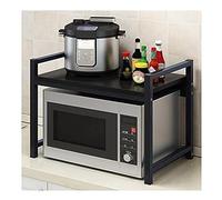 Soporte para microondas de 2 niveles con marco de acero y estantes de madera, estante de almacenamiento de cocina que ahorra espacio para microondas, estante de panadero, organización de cocina