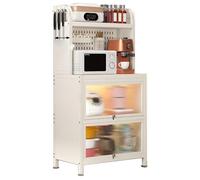 Soporte para microondas de 4 niveles con puerta abatible, estante de cocina y tablero para especias y ollas, utensilios - Organizador de almacenamiento versátil para el hogar y el garaje (blanco, 61