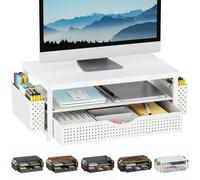 Soporte para monitor con cajón, organizador de escritorio y accesorios, soporte elevador de monitor de computadora de 2 niveles con cajón y 2 soportes para bolígrafos, soporte para laptop, accesorios