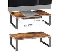 Soporte para monitor elevador, juego de 2 soportes para computadora de mesa de madera, organizador industrial de almacenamiento para pantalla, impresora, portátil, MacBook, PC (marrón oscuro)