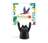 Soporte para notas de carnaval brasileño tropical, diseño de loro, caricatura, gato negro