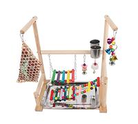 Soporte para pájaros con bandeja de acero inoxidable, tazas de alimentación, escalera, columpios, juguete masticable para pájaros, plataforma de madera natural para conures, cacatúa, loro