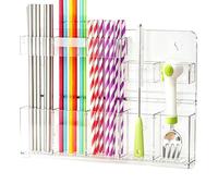 Soporte para pajillas para puerta de armario, 5 compartimentos de altura ajustable, organizador de cucharas sin taladrar, para cepillo, cuchara, agitador, abrebotellas, refrigerador, cocina