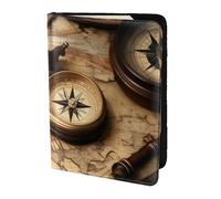 Soporte para pasaporte con estampado de brújula y mapa del mundo antiguo, artículos esenciales de viaje, cartera antirrobo para tarjetas y pasaportes, tamaño para adaptarse a todos los pasaportes