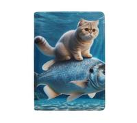 Soporte para pasaporte con ranuras para tarjetas, funda de cuero para pasaporte, Gato cabalgando sobre peces