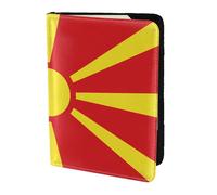 Soporte para pasaporte de la bandera de Macedonia del Norte de 5.5 pulgadas, piel auténtica, unisex, soporte plegable para pasaporte