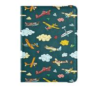 Soporte para pasaporte de piel con diseño de aviones de dibujos animados en un cielo verde azulado oscuro para viajes, dinero oculto y cartera para tarjetas, accesorios de viaje familiar