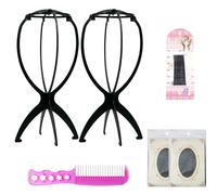 Soporte para Peluca de Plástico Portátil, 2 Piezas Portarpelucas, 2 Redes para el Cabello, 1 Peine de Cola Afilada,1 Clips, Adecuado para Usodiario, Desmontable y Plegable, Color Negro