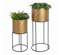 Relaxdays, set 2 soportes para macetas, metal, 2 tamaños, salón y pasillo, soporte redondo, negro/dorado