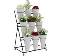 Soporte para plantas al aire libre con ruedas de 3 niveles, estante de exhibición de flores de metal para jardín, patio, sala de estar, color negro, 29.5 pulgadas, incluye macetas de plástico