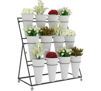 Soporte para plantas al aire libre con ruedas de 3 niveles, organizador de jardín de metal negro, estante móvil para patio, terraza, sala de estar, 100 cm de altura