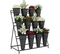 Soporte para plantas al aire libre de 3 niveles con macetas de plástico, carrito móvil de hierro forjado para jardín, patio, sala de estar, estante de exhibición de flores duradero y elegante