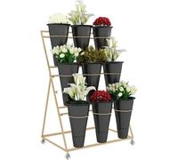 Soporte para plantas al aire libre de 3 niveles con ruedas, estante de metal para flores para patio, jardín, sala de estar, incluye cubos de plástico, tamaño: 29.5 pulgadas y elegante.