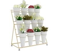 Soporte para plantas al aire libre de 3 niveles con ruedas, marco de metal, cubos de plástico, decoración de jardín para terraza, patio, sala de estar, exhibición de flores rústicas (tamaño: 39.4