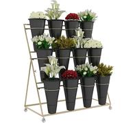 Soporte para plantas al aire libre de 3 niveles con ruedas, metal y plástico, estante de exhibición para jardín, terraza, sala de estar, 39.4 pulgadas, elegante y móvil