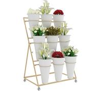 Soporte para plantas al aire libre de 3 niveles, marco de hierro móvil con cubos de plástico, exhibición de flores rodantes para jardín, patio, sala de estar, tamaño: 29.5 pulgadas, color: negro.