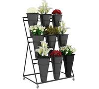 Soporte para plantas al aire libre, estante de flores de 3 niveles con macetas de plástico rodante de hierro forjado, exhibición móvil para terraza, jardín, sala de estar, organizador floral