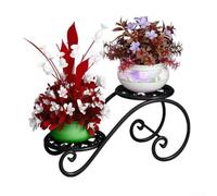 Soporte para plantas de hierro de 2 niveles con acabado resistente al óxido, seguro para el suelo, diseño en forma de S, listo para montar, uso en interiores y exteriores, se adapta a 2 macetas (negro