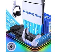 Soporte para PS5 con ventilador de refrigeración de 4 niveles y LED RGB, estación de carga de driver PS5 dual rápida para PS5 digital/disco, accesorios PS5 estación de refrigeración PS5 incluida