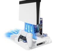Soporte para PS5 Pro/Slim/PlayStation 5 Disco/Digital con Ventilador Refrigerador, Estación de Enfriamiento con Cargador de Mandos para Accesorios de PS5, Ventilador de 3 Niveles con Luz LED, Blanco