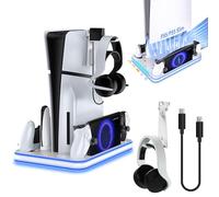 Soporte para PS5/PS5 Pro/PS5 Slim con Ventilador de 3 Velocidades, Cargador para Mando PS5 con Luz RGB, Base de Carga PS Portal, Ventilador de Auriculares para PS5/Pro/PS5 Slim Consola