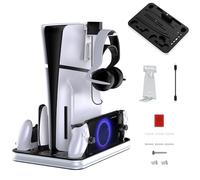 Soporte para PS5/PS5 Slim con PS Portal y Mando PS5 Estación de Carga, Abrazadera Vertical PS5 con Ventilador de 3 Etapas, Base Vertical para P5 Slim/P5 Digital Edition & Disc Edition (Sin luz RGB)
