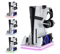 Soporte para PS5/PS5 Slim/PS5 Pro con PS Portal y Mando PS5 Estación de Carga, Abrazadera Vertical P5 con Ventilador de 3 Etapas, Base Vertical para PS5 Slim/P5/PS5 Pro Digital&Disc Edition (RGB)