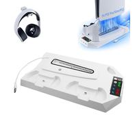 Soporte para PS5/PS5 Slim/PS5 Pro con ventilador de 3 niveles y 3 puertos USB adicionales, soporte PS5, estación de carga integrada para controlador PS5 con indicador LED y soporte para auriculares