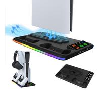 Soporte para PS5/PS5 Slim, Soporte para PS5 Slim Disc & Digital Controller con Ventilador Ajustable 3 Puertos USB + 1 C y luz Indicadora LED Soporte de Estación de Carga para PS5 Slim Accesorios