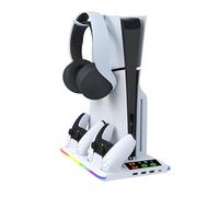 Soporte para PS5/Slim con Ventilador de 3 Velocidades - Estación de Carga para Controlador y Auriculares, Soporte Vertical con 4 Puertos USB, Ventilador para PS5 Slim