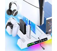 Soporte para PS5/Slim/Pro con Refrigeracion, Ventilador PS5 de 3 Velocidades, Soporte PlayStation 5 RGB con Indicador LED & Cargador Mando PS5, Accesorios PlayStation 5