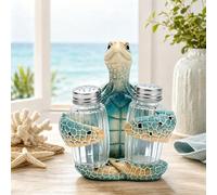 Soporte para salero y pimentero de tortuga marina, estante decorativo de resina para especias de tortuga marina, juego de agitadores decorativos con temática de vida marina, organizador compacto de