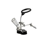 Soporte para soldador con pinzas, lupa y base antideslizante, ideal para trabajos de soldadura y reparación electrónica.